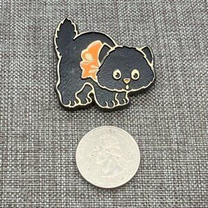 Hallmark Black Cat Pin Brooch Vintage 1983 Orange Bow Gold Spooky Textured Retro